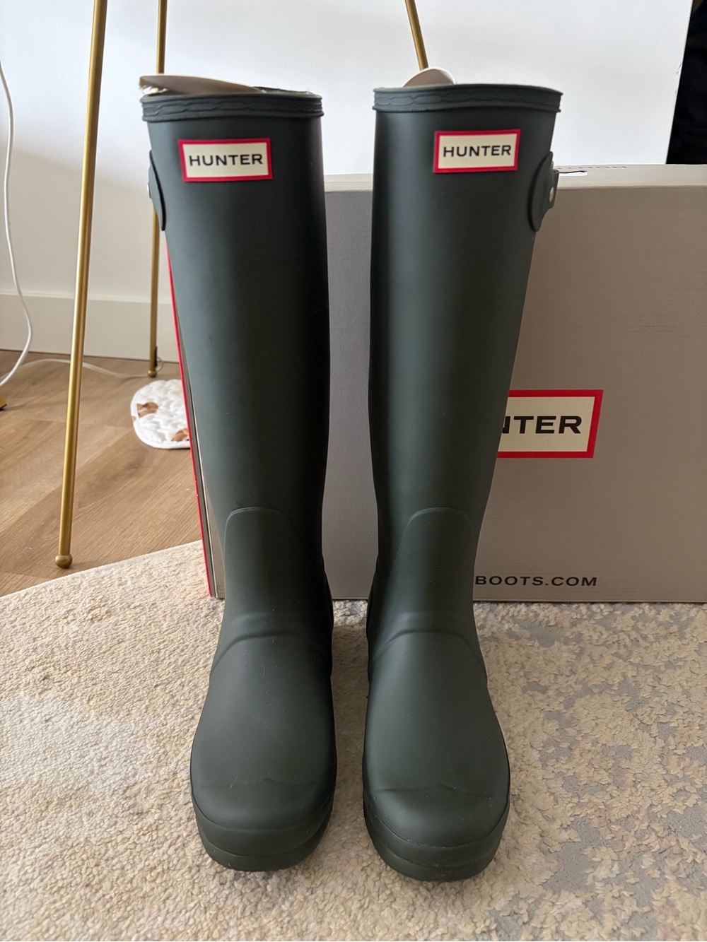 Hunter Tall Rubber Rain Boots in Olive Green with Red Trim